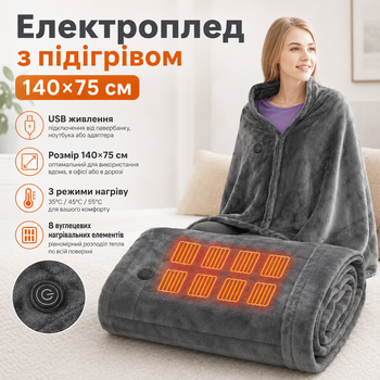 Электроплед с подогревом USB 140×75 см серый - электроодеяло от павербанка с 3 режимами нагрева