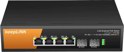 Коммутатор KeepLINK KP-9000 2.5G на 4 порта PoE с двумя гигабитными SFP, мощность 75 Вт, для видеонаблюдения