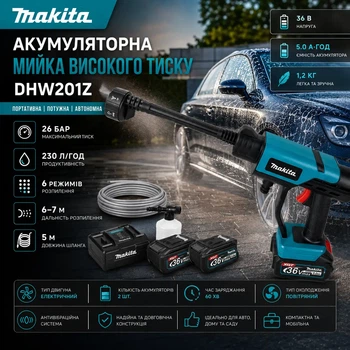 Акумуляторна мийка високого тиску для авто Makita DHW201Z