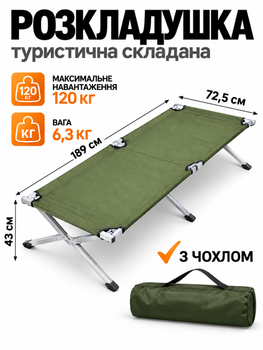 Розкладачка Ranger Military Steel, похідне ліжко 189×72,5 см, сталева рама, Oxford 600D, до 120 кг, зелена