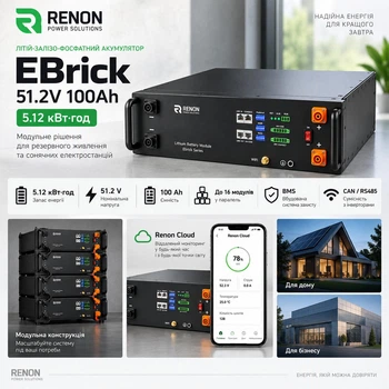 Акумуляторна батарея LiFePO4 Renon EBrick 51.2V 100Ah 5.12 кВт·год, BMS, CAN/RS485 — АКБ для інвертора та сонячної електростанції