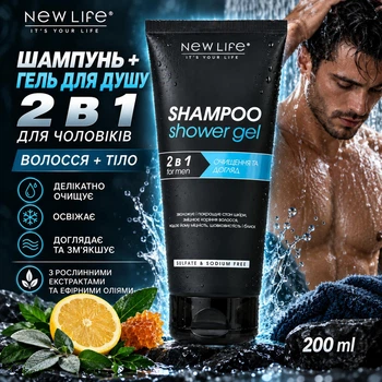 Шампунь і Гель Для Душу 2 В 1 Для Чоловіків Нове Життя (New Life) Для Волосся та Тіла 200 мл