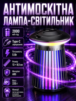 Лампа уничтожитель комаров электрическая 5 Вт аккумулятор 2000 мАч Type C зарядка ультрафиолетовая 13х8,5 см 220 г с подсветкой