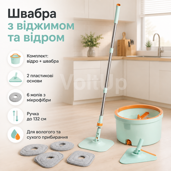 Швабра с отжимом и ведром 2 л бирюзовая - турбо швабра-ледарка с 2 насадками и 6 мопами для пола и окон