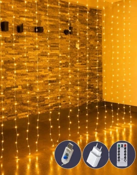 Гирлянда Штора-роса 1,8 м × 1,2 м, 12 нитей, 144 LED, 8 режимов + статический, USB адаптер, пульт ДУ, теплый белый свет, 1931-07