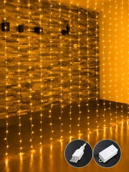 Гирлянда Штора-роса 3 м × 2 м, 20 нитей, 400 LED, 8 режимов, USB, пульт ДУ, теплый белый, 1932-07u