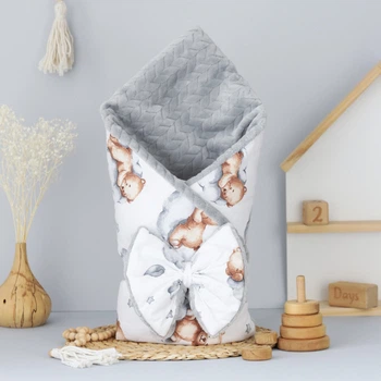 Плед із з’ємним утеплювачем Mommy Bag №18 Ведмедик на хмаринках (сірий плюш) + бант на виписку