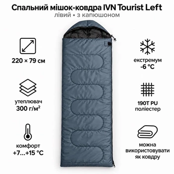 Спальный мешок-одеяло IVN Tourist Left с капюшоном левый серый 220×79 см A00133