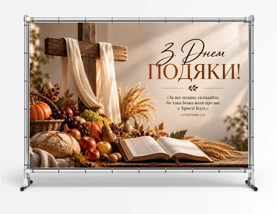 Баннер "С Днем благодарения" для церкви. Христианский баннер к празднику жатвы и урожая "Воля Бога", 2х3 м