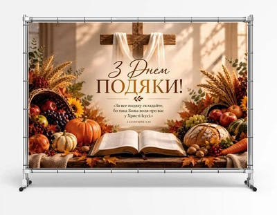 Баннер "С Днем благодарения" для церкви. Христианский баннер к празднику жатвы и урожая, 2х3 м