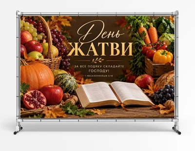 Баннер "С Днем благодарения" для церкви. Христианский баннер к празднику жатвы и урожая "1 Фсессалоцников 5:18", 2х3 м