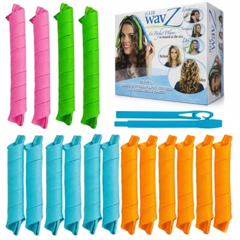 Спиральные бигуди Hair Wavz набор 16 шт для локонов 35-50 см с крючком и удлинителем разноцветные для безопасной завивки волос без нагрева