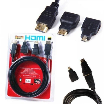 Кабель UKC HDMI длина 1,5 м 3 в 1+ 2 переходника micro/ mini hdmi мультимедийный Черный