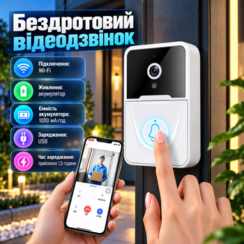 Бездротовий відеодзвінок Wi-Fi з камерою HD акумулятором 1000 мА·год нічним баченням датчиком руху двостороннім зв’язком X Smart Home для дому квартири