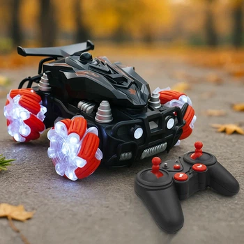 Радиоуправляемая трюковая машинка вездеход 22,5х16,5х11 см с LED-подсветкой колес и аккумулятором Красная для активных гонок на любой поверхности
