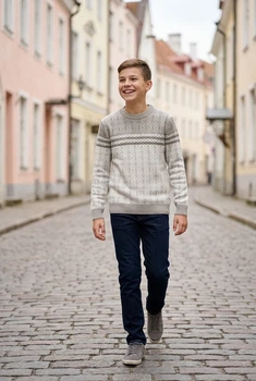 Свитер с геометрическим узором и бежевыми манжетами Kiddo Серо-бежевый 164 см