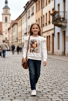 Кофта 'Девочка с котенком' с рюшами на плечах Kiddo белый 134 см