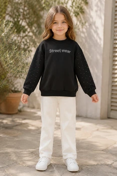 Світшот зі стразами Street Wear – стильний джемпер для дівчинки Kiddo чорний 116 см