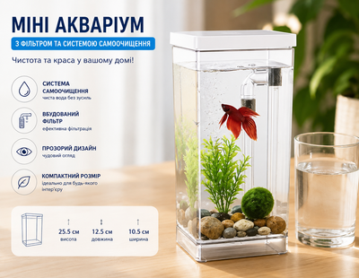 Мініакваріум для рибок настільний з LED-підсвіткою та системою очищення води