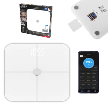 Весы напольные аналитические Adler AD 8187 White Smart FitGo, до 180 кг, точность 100 г, Bluetooth, 12 показателей, LED-дисплей, закаленное стекло