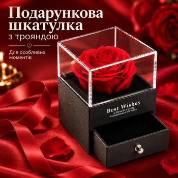 Подарочная шкатулка с декоративной красной розой под прозрачным колпаком и ящиком для украшений, 10,2 × 8,1 × 8,1 см