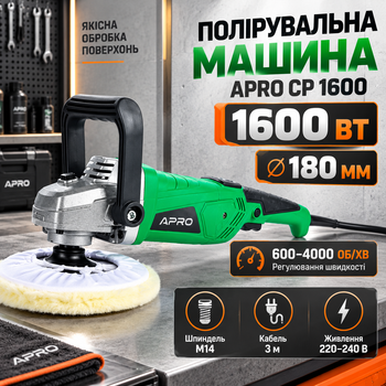 Машинка для полировки APRO 1600 Вт электрическая полировальная машина с диском 180 мм шлифмашина 600–4000 об мин регулируемые обороты шпиндель М14 для кузова автомобиля мебели металла камня дерева