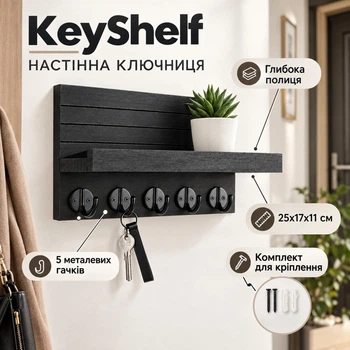 Настенная ключница KeyShelf с полкой, 5 крючков, черная