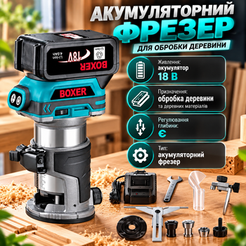 Акумуляторний фрезер BOXER BX-216 18 В 30000 об/хв 3,0 А·год з регулюванням глибини для дерева фанери МДФ ДСП пазів крайок фасок