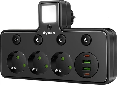 Мережевий фільтр Dyxon QL-1138U Nightlight 3 розетки 2 USB-A 2 USB-C (PD) LED-нічник Black (DXN-QL1138U-FL-B)