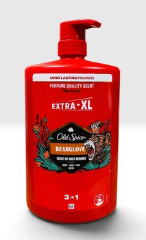 Чоловічий гель для душу та шампунь Old Spice Bearglove 3 в 1 (для тіла, волосся та обличчя) у мега-об'ємі EXTRA-XL 1 л (1000 мл) зі зручним дозатором-помпою