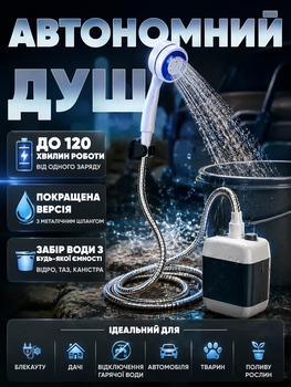 Душ портативний акумуляторний Symdor переносний туристичний з металевим шлангом автономний розширена комплектація + додаткова насадка