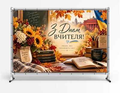 Баннер ко Дню Учителя "С днем учителя. Осень. Книги. Флаг" размер 2х3м. С люверсами.