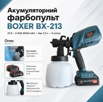 Аккумуляторный краскопульт BOXER BX-213 21 В 2 АКБ 2000 mAh бак 1200 мл 600 мл/мин 4 сопла 1–2,5 мм Краскораспылитель для краски лака эмали грунтовки