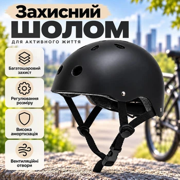 Захисний шолом L 56–58 см, універсальний для велосипеда, самоката, скейтборда та роликів, чорний