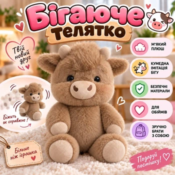 Мягкая плюшевая интерактивная игрушка бегущий теленок коричневый 60 см