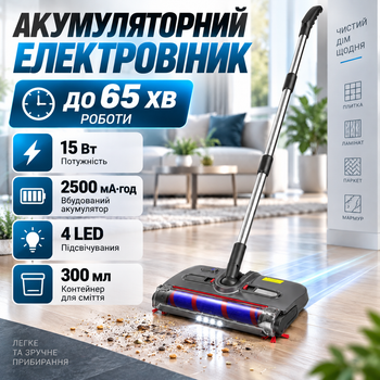 Акумуляторний електровіник Cordless 15 Вт бездротовий віник 2500 мА·год електрична щітка для підлоги до 65 хв електровіник з контейнером 300 мл 4 LED для прибирання пилу крихт волосся шерсті