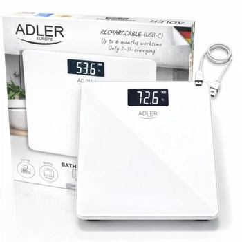 Весы напольные электронные Adler AD 8194 White до 180 кг, аккумуляторные USB-C, точность 100 г, LCD-дисплей, закаленное стекло