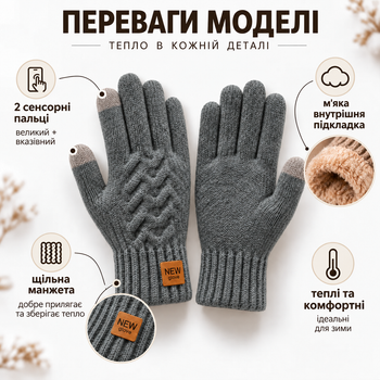 Перчатки мужские зимние вязаные с начесом, сенсорные пальцы для экрана, one size серые KT9002864