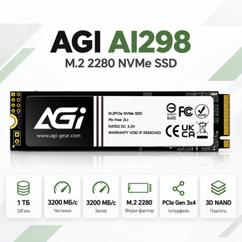 Накопитель SSD AGI AI298 1 ТБ M.2 2280 PCIe Gen 3x4 NVMe быстрый для ноутбука и ПК (AGI1T0GIMAI298)