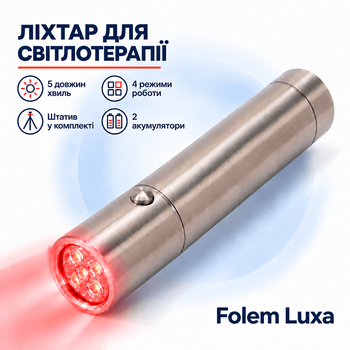 Фонарь Folem Luxa +2 акамулятора, Cветовая Led терапия красым цветом от боли, артрита, для заживления, 460nm-900nm, зарядка USB, инфракрасный, лечебный