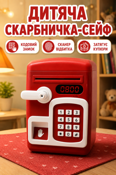 Сейф-копилка детская со сканером отпечатка пальца и кодовым замком затягивает купюры звук подсветка Красный (MK 5411)