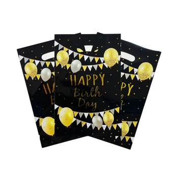 Пакети для солодощів 16х25 см Happy birthday з тисненням фольгою Упаковка 10 штук Чорний