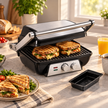 Электрогриль Domotec R-2684 2000 Вт 280°C контактный с антипригарным покрытием раскрытием 180° регулировкой температуры для стейков мяса рыбы овощей сэндвичей