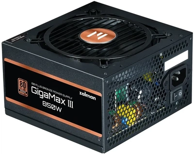 Блок питания Zalman Gigamax 3 (850W), 88%, 80+ Bronze, 120мм, 1xMB 24pin(20+4), 2xCPU (8pin(4+4)+8pin), 3xMolex, 6xSATA, 4xPCIe 8pin(6+2), 1x12VHPWR, полумодульный.