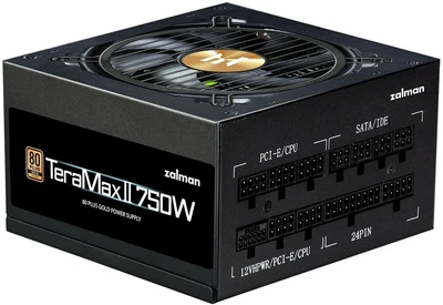 Блок питания Zalman Teramax 2 (750W), >90%, 80+ Gold, 120мм, 1xMB 28pin (18+10), 2xCPU 8pin(4+4), 3xMolex, 8xSATA, 3xPCIe 8pin(6+2), 1xPCIe GEN5 16pin, полностью модульный.