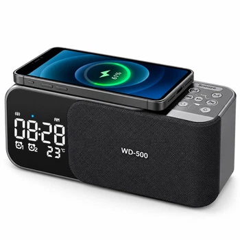 Портативна Bluetooth-колонка SHABA WD-500 Чорна, 5 Вт, Bluetooth 5.1, FM-радіо, бездротова зарядка 10 Вт, 2 будильники
