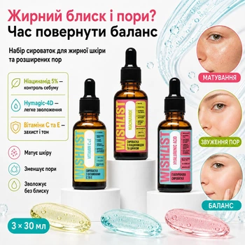 Набор сывороток для жирной кожи и расширенных пор: Гиалуроновая сыворотка, Сыворотка из витаминос C и E, Сыворотка с ниацинамидом и цинком WL-11-083