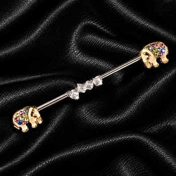 Серьга штанга для индастриала Asteel «Слоники» с кристаллами, золотистая