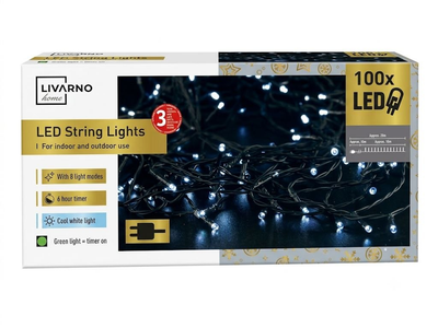 Світлодіодна гірлянда LIVARNO home 100 LED, холодне біле світло, 20 м, таймер, IP44