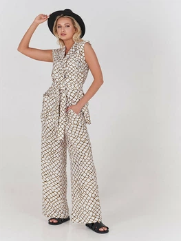 Женские льняные принтованные брюки широкого кроя Токи Modna KAZKA MKSH2689-5 - 50/52, Білий
